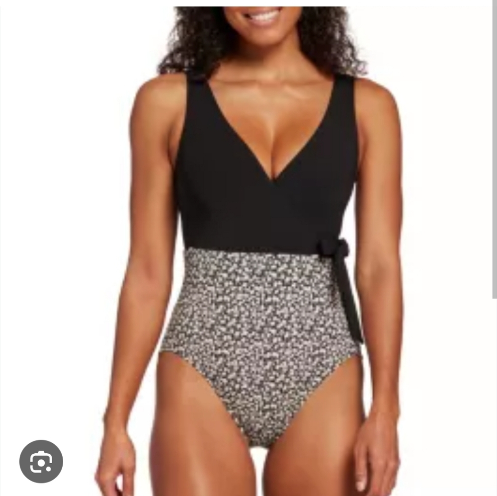 CALIA by Carrie Underwood Black V-Neck One-Piece with Black & White Floral Waist